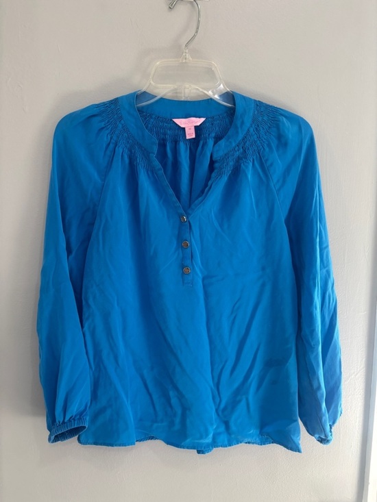 Lilly Pulitzer Tops - Lilly Pulitzer Elsa Silk Top Popover Smocked Gold Buttons Teal Size XS